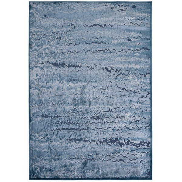 Breakwater Bay Claxten Power Loom Viscose Blue/Black Rug Wayfair